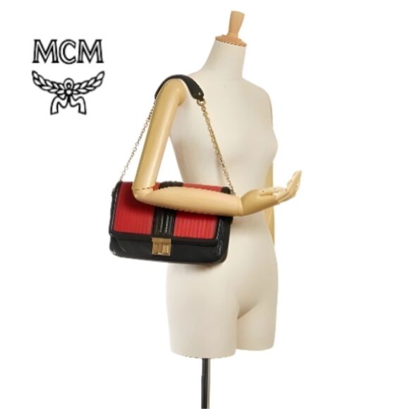 MCM Red & Black Embossed Snakeskin Leather w/ Gold Chain Shoulder Bag, VGUC - Picture 1 of 14